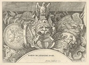 Caravaggio Prints: Plate 4: trophies of Roman arms from decorations above the windows on the second floor