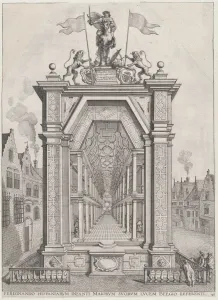 Plate 40: Design for festival architecture honoring the Spanish Prince Ferdinands triumph... 1636. Creators: Johannes Meursius, Willem van der Beke