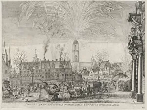 Mythological Creature Gallery: Plate 41: Fireworks display in city square with Ferdinand watching from a balcony at right... 1636