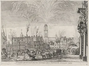 Firework Prints: Plate 41: Fireworks display in city square with Ferdinand watching from a balcony at right