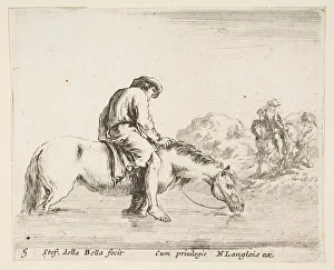 Langlois Nicolas Prints: Plate 5: a barefoot peasant on horseback crossing a river, another peasant on horse