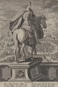Adrian Collaert Gallery: Plate 5: equestrian statue of Claudius, seen from behind, a naval competition at ri
