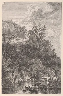 Rosa Salvator Prints: Plate 5: female figure on horseback and a male figure with a dog standing in a stre