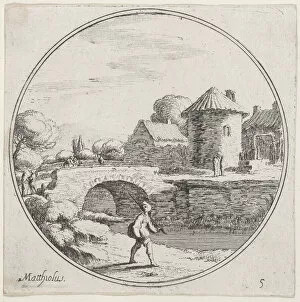 Plate 5: man walking with fishing pole at center, a bridge and village in the backgro..., 1680-1747