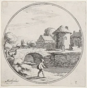 Lodovico Mattioli Prints: Plate 5: man walking with fishing pole at center