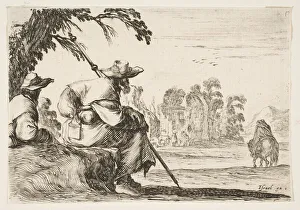 Plate 5: two pilgrims with hats rest to the left, seen from behind Plate 5: two pilgrims with hats rest to the left, seen from behind
