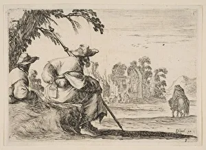 Plate 5: two pilgrims with hats rest to the left, seen from behind