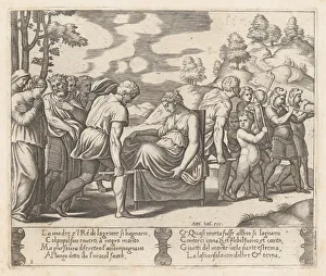 Die Master Of The Prints: Plate 5: Psyche, seated, being taken to a mountain with a musical troupe lead the way