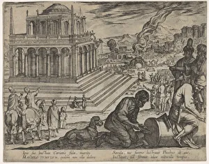 Masonry Prints: Plate 5: Tomb of Mausolus, stone masons make a column at the right