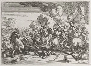 On Horseback Gallery: Plate 5: the wounded chief commander lies on the ground, while the battle goes on at ri... 1635-60