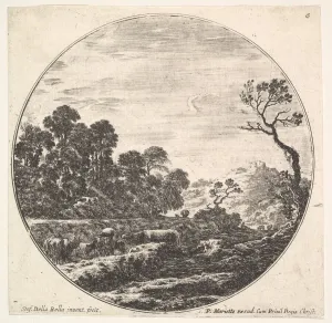 Plate 6: cows crossing a valley to left, a group of trees to left, a horseman and o