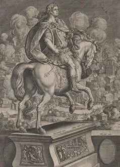 Adrian Collaert Gallery: Plate 6: equestrian statue of Nero, seen from behind, the Great Fire of Rome in the