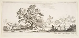 Plate 6: a fisherman carrying a net to left, two horsemen in a stream to right, a tree Plate 6: a fisherman carrying a net to left, two horsemen in a stream to right, a tree