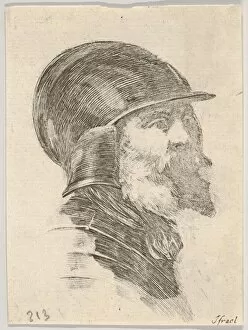 Plate 6: head of an old bearded soldier wearing a helmet facing right