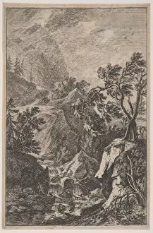 Beich Joachim Franz Collection: Plate 6: two male figures standing on a rock at right, a waterfall at center with a