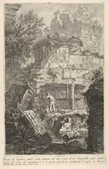 Giovanni Battista Collection: Plate 6: Ruins of an ancient tomb in front of ruins of an ancient aqueduct