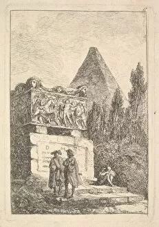 Pyramid Gallery: Plate 6: The Sarcophagus: two men conversing to left, another man seated and sleepi