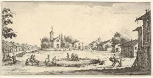 Villager Gallery: Plate 6: view of a village with a horse trough in center, horses and houses to either s