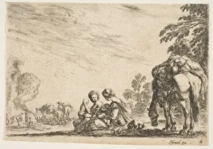 Pack Horse Prints: Plate 6: two women, one nursing a child, seated next to a dog and a horse carrying a pack