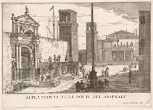Carlevarijs Collection: Plate 63: View of the gate of the shipyard and armory complex (Arsenale), Venice, 1703