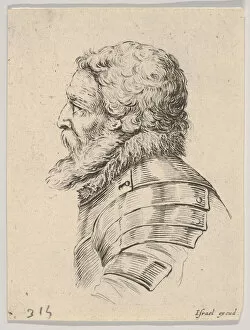 Bella Collection: Plate 7: bust of a bearded soldier wearing armor, facing left in profile