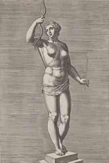 Philip Prints: Plate 7: Diana; statue of the nude goddess standing on a socle
