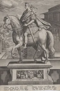 Assassin Prints: Plate 7: equestrian statue of Galba, in profile to the left, with a beheading scene