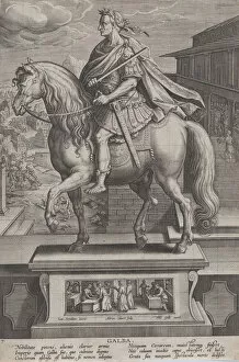 Assassin Gallery: Plate 7: equestrian statue of Galba, in profile to the left, with a beheading scene