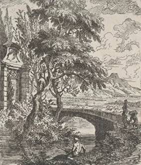 Plate 7: two figures at right about to cross a stone bridge, a fisherman in the for