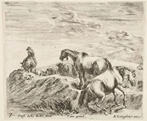 Nicolas Gallery: Plate 7: two horses ascending the bank of a river at right, following a procession