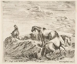 Langlois Nicolas Prints: Plate 7: two horses ascending the bank of a river at right, following a procession