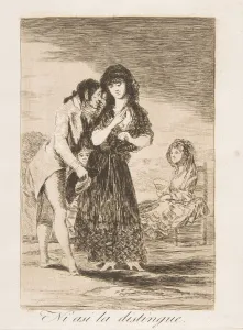 Foolishness Prints: Plate 7 from Los Caprichos : Even thus he cannot make her out (Ni asi la distingue