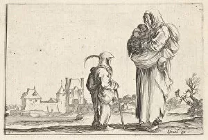 Della Bella Gallery: Plate 7: a peasant woman carrying a child to right, speaking to another child standing