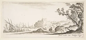 Plate 7: various boats on shore to left, a man carrying a bag, seen from behind and wa Plate 7: various boats on shore to left, a man carrying a bag, seen from behind and wa
