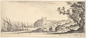 Plate 7: various boats on shore to left, a man carrying a bag, seen from behind and wa