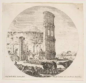 Buffalo Prints: Plate 8: the Colosseum, two herds being directed towards the amphitheater in the foreg