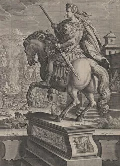 Adriaen Collaert Gallery: Plate 8: equestrian statue of Otho, seen from behind, his death scene in the backgr