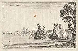Della Bella Gallery: Plate 8: two horsemen in hats at right, each with a woman seated behind them, riding t