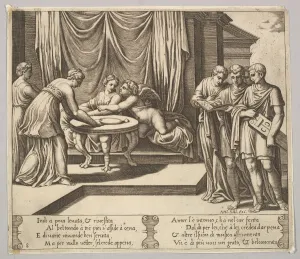 Plate 8: Psyche seated at a table and attended by invisible servants, Eros beside the g Plate 8: Psyche seated at a table and attended by invisible servants, Eros beside the g