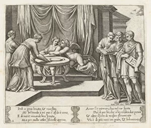 Mythological Figure Gallery: Plate 8: Psyche seated at a table attended by invisible servants, as Cupid rests his he... 1530-60