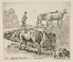 Nicolas Gallery: Plate 9: a cow ascending a bank, a peasant woman leading two cows across a bridge i