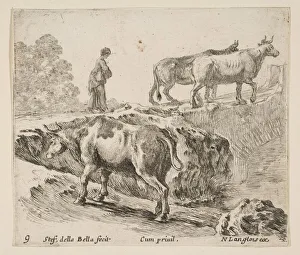 Langlois Nicolas Prints: Plate 9: a cow ascending a bank, a peasant woman leading two cows across a bridge i