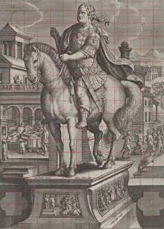 Assassin Gallery: Plate 9: equestrian statue of Vitellius, seen three-quarters to the left, with his