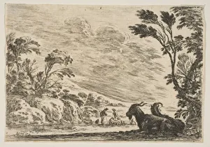 Henriet Prints: Plate 9: Two goats resting to right, turned towards the left