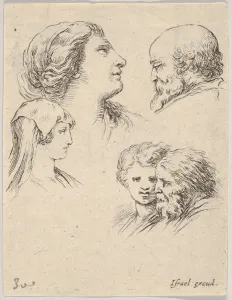 Plate 9: five heads, two young women at left, a bearded man at upper right, a young wo