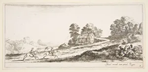 Plate 9: two horsemen at left galloping uphill towards the right, a horse and seated m Plate 9: two horsemen at left galloping uphill towards the right, a horse and seated m