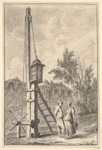 Plate 9: The Pulley: a man and a woman conversing to right, a lantern hung on a pos Plate 9: The Pulley: a man and a woman conversing to right, a lantern hung on a pos