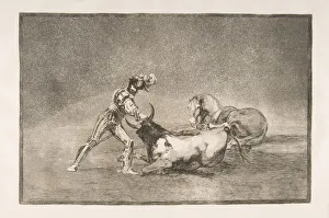 Francisco De Prints: Plate 9 of the Tauromaquia : A Spanish knight kills the bull after having lost his horse