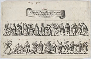 Plate from a book showing a procession of men and women with a skeleton at the beg..., 17th century. Creator: Anon