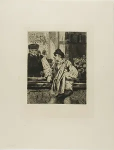 Bar Tender Prints: Plate from l'Assommoir (man leaning on bar), 1878. Creator: Gaston la Touche